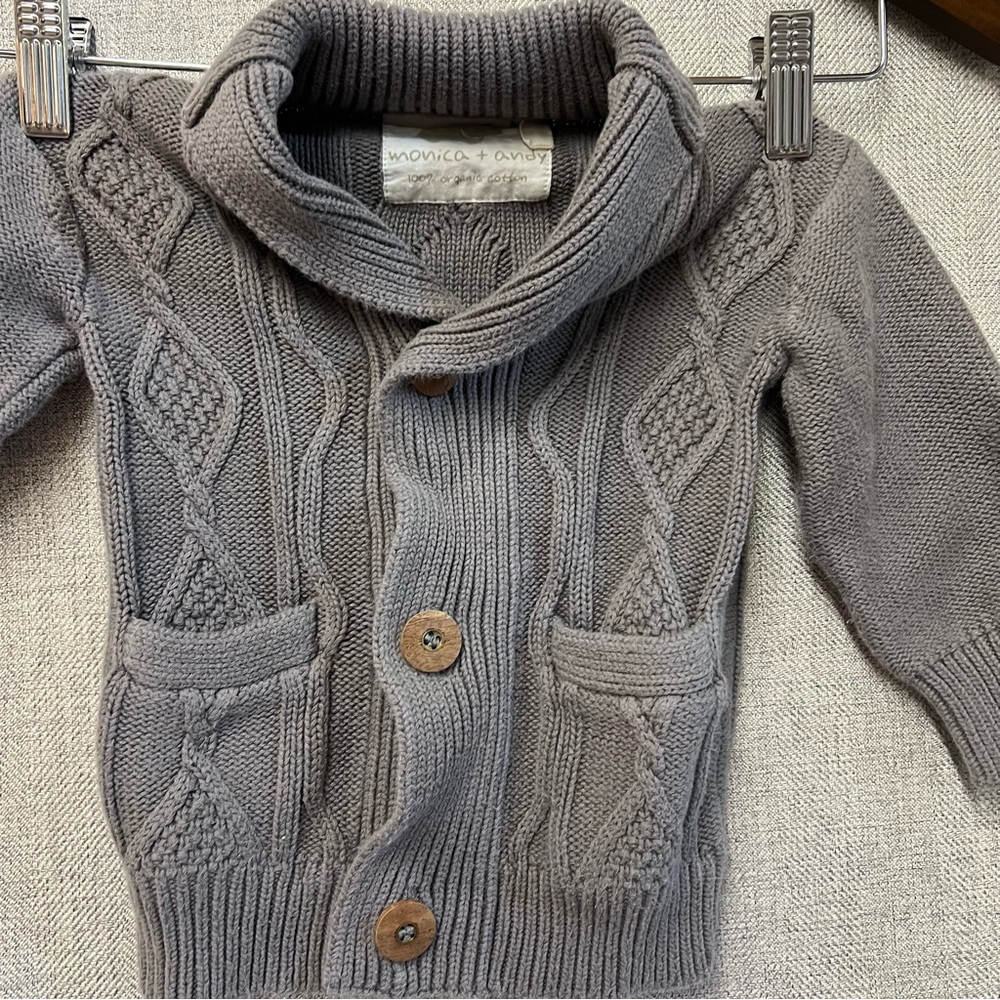 Monica & Andy 100% Organic Cotton Gray Knit Elbow Pad Wood Button 12-18 Months
